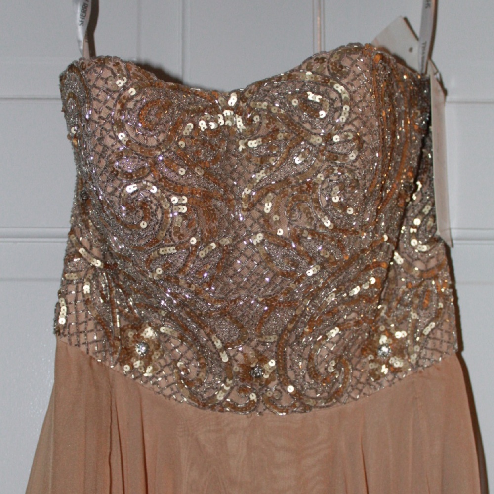 Sherri Hill Strapless Sequin-Embellished Nude Chiffon Gown